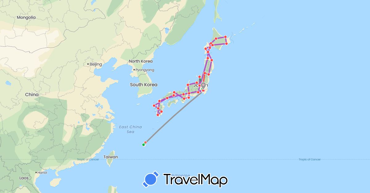 TravelMap itinerary: driving, bus, plane, train, hiking in Japan (Asia)